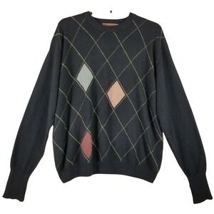 Raffi Cashmere Mens XXL Black Argyle Crewneck Sweater 118651 Pure Cashmere